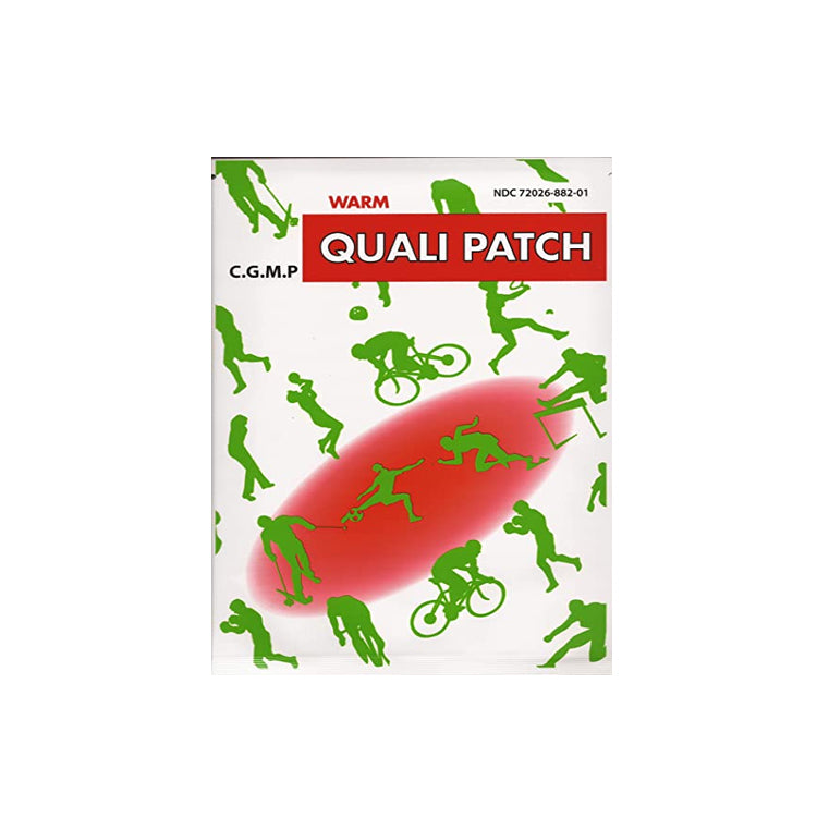 Front of Quali Patch warm pain relief packaging with green silhouettes of active people on a white background