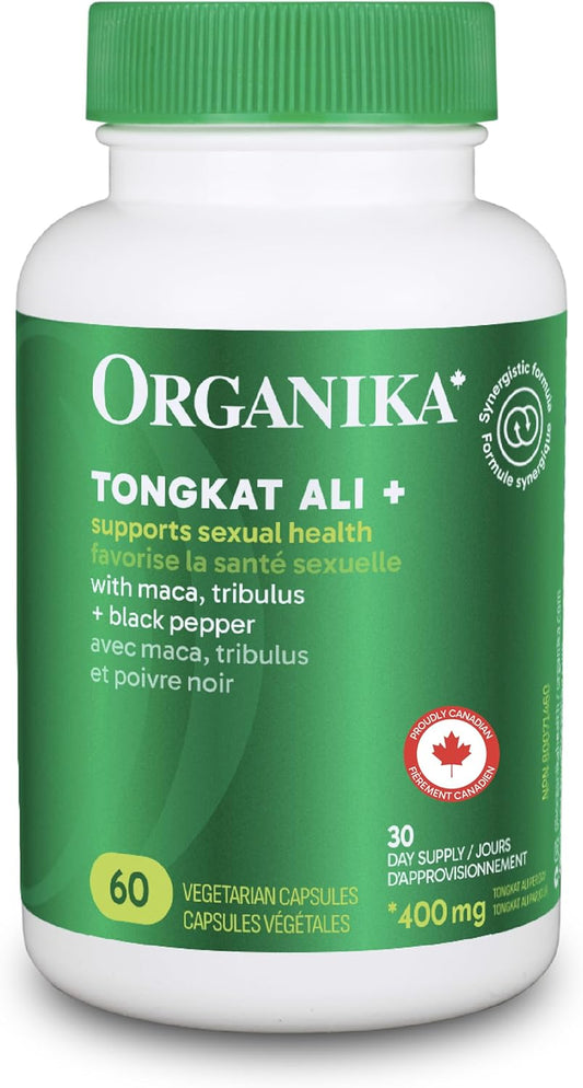 A bottle of Organika Tongkat Ali supplement designed to support natural testosterone boosting