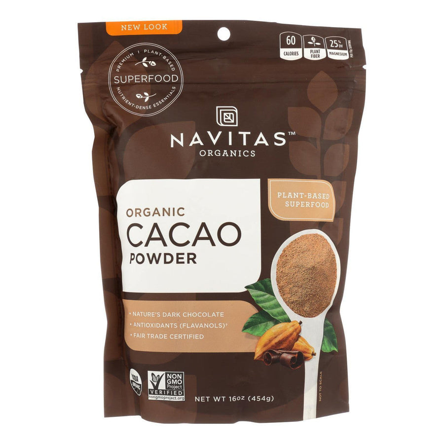 Navitas Organics Raw Cacao Powder bag - organic, non-GMO, fair trade certified cacao powder rich in antioxidants and minerals, available at Wellness Body Worx