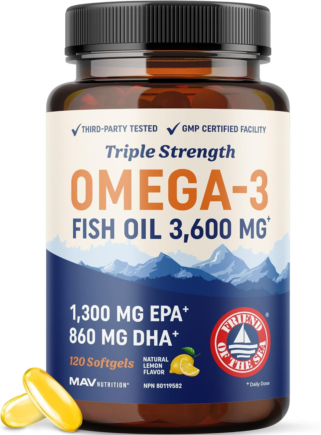 Fish oil capsules containing omega-3 EPA and DHA for heart and brain health