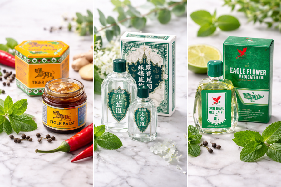Tiger Balm vs White Flower Oil vs Eagle Brand Medicated Oil comparison image showing traditional pain relief oils used in Chinese medicine