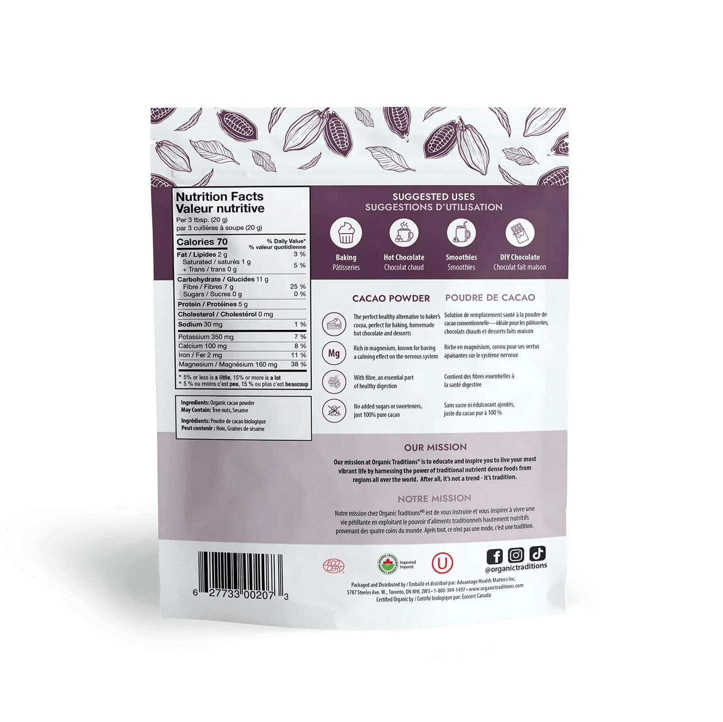 Organic Traditions Cacao Powder - Poule de Gaga: A bag of rich, organic cacao powder with the label "Poule de Gaga".