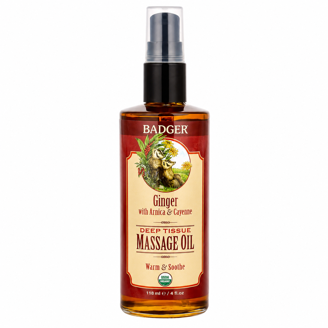 Badger Ginger Deep Tissue Massage Oil 118 ml bottle for sore muscles and massage therapy