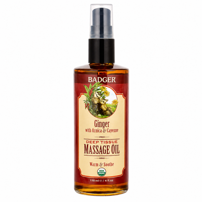 Badger Ginger Deep Tissue Massage Oil 118 ml bottle for sore muscles and massage therapy