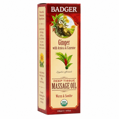 Badger Ginger Deep Tissue Massage Oil retail box with arnica and cayenne, 118 ml