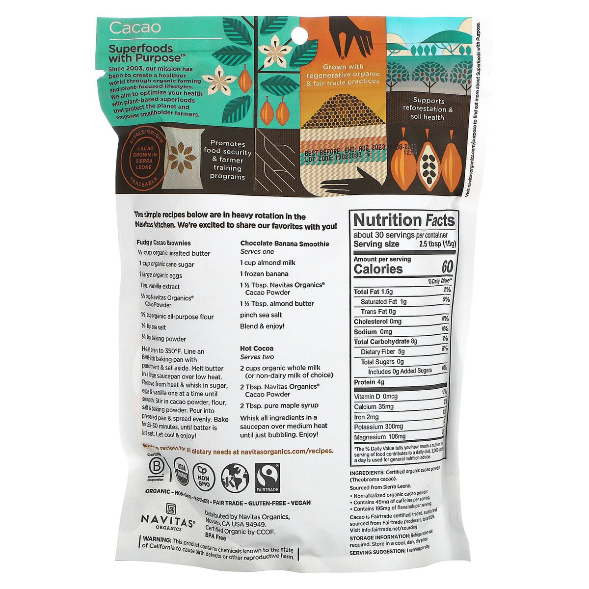 Navitas Organics Cacao Powder nutrition facts, recipes and certifications - back of bag