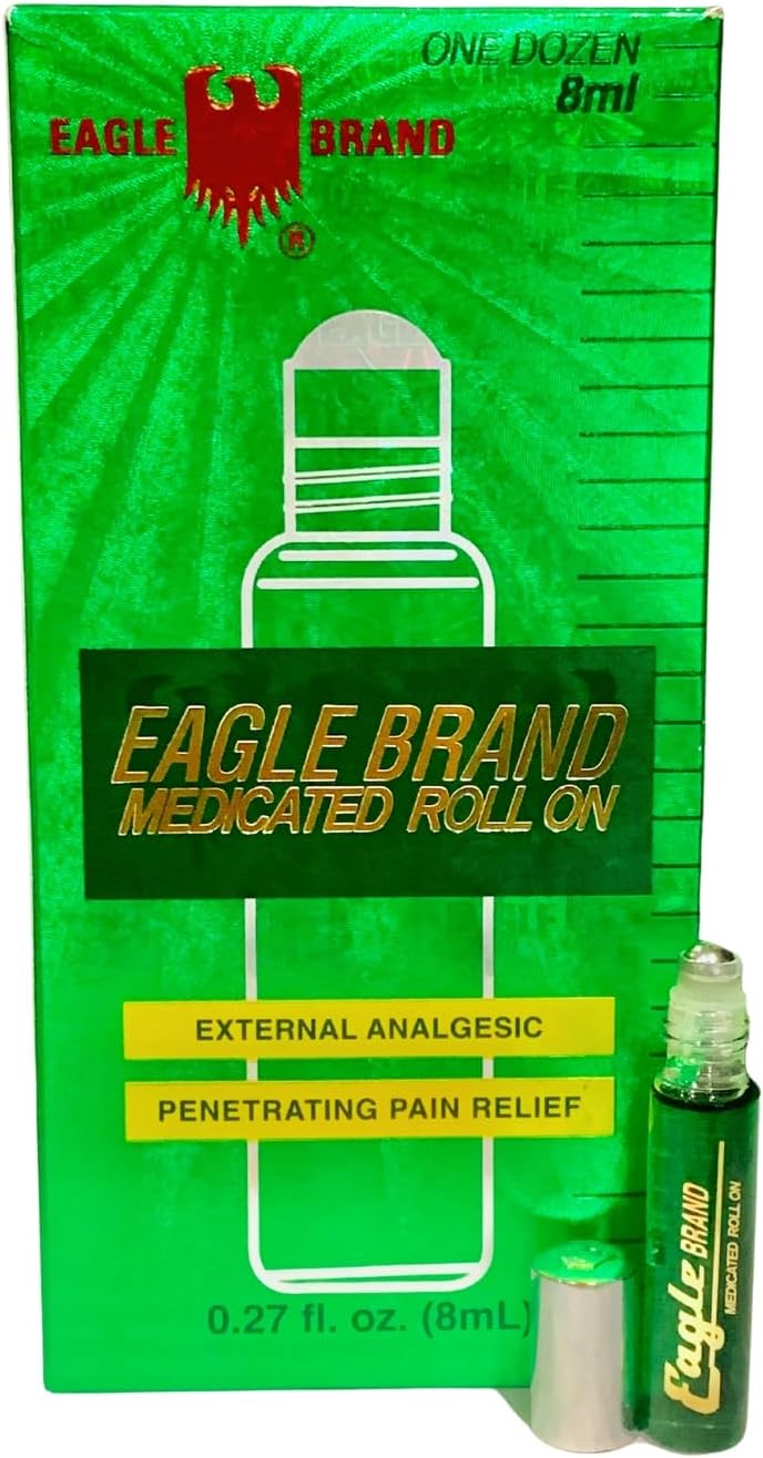 Eagle Brand Medicated Roll-on 8ml external analgesic for pain relief with green packaging and roller bottle.