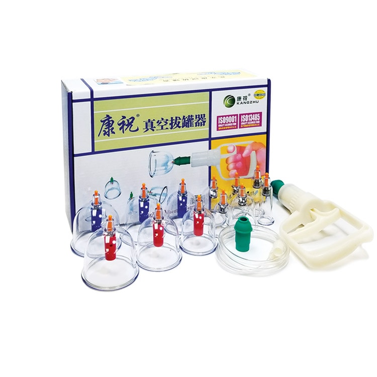 kang zhu 12-piece plastic cupping set with hand pump and assorted sizes of therapy cups, shown with box featuring chinese text