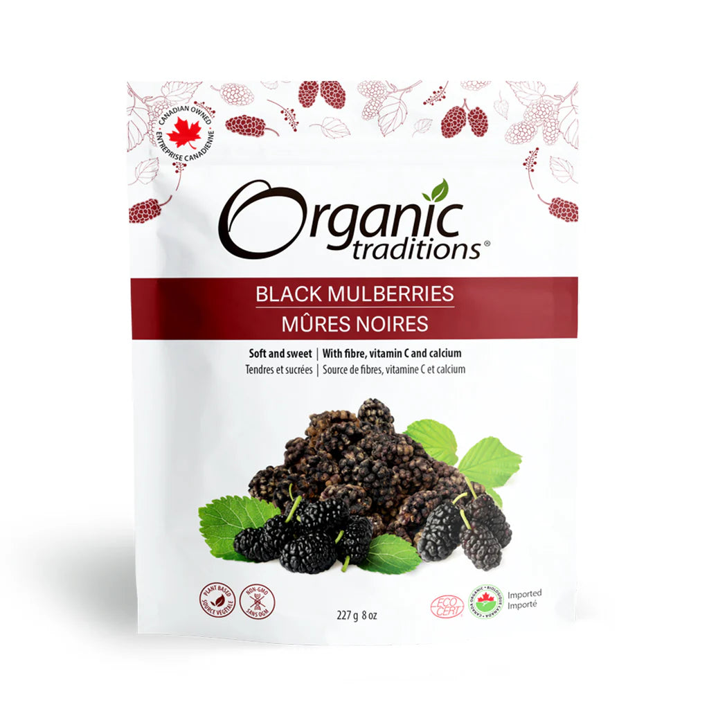 Organic Traditions Black Mulberries 227g bag - dried superfruit for immune and liver support