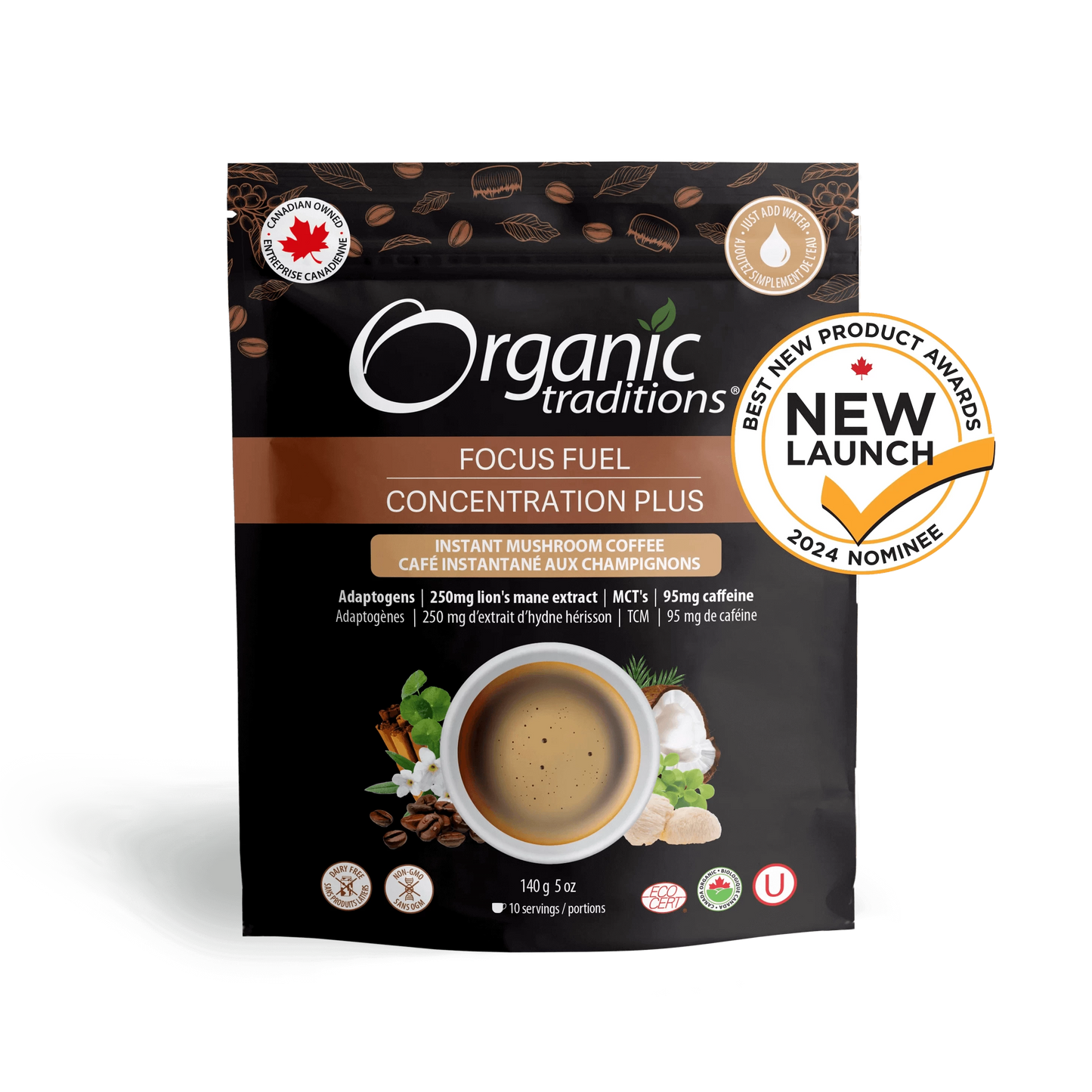 Organic Traditions Focus Fuel Concentration Plus instant mushroom coffee blend with adaptogens and ‘New Launch’ award badge on front of pouch