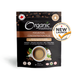 Organic Traditions Focus Fuel Concentration Plus instant mushroom coffee blend with adaptogens and ‘New Launch’ award badge on front of pouch
