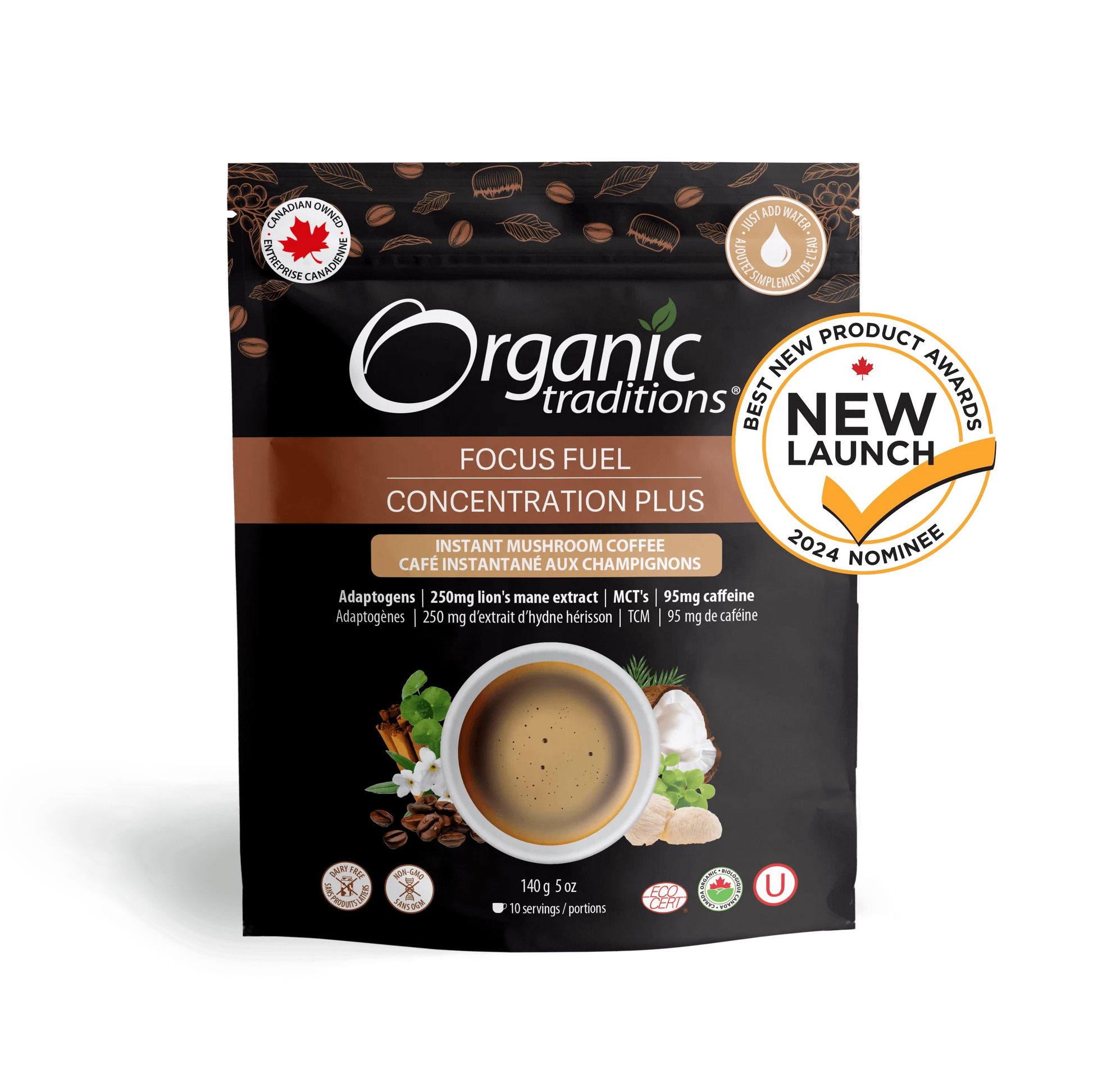 Organic Traditions Focus Fuel Concentration Plus instant mushroom coffee blend with adaptogens and ‘New Launch’ award badge on front of pouch