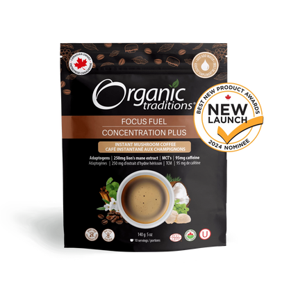 Organic Traditions Focus Fuel Concentration Plus instant mushroom coffee blend with adaptogens and ‘New Launch’ award badge on front of pouch